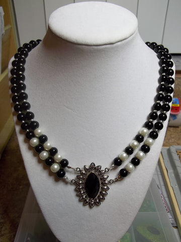 Double Black Glass Beads Pearls Silver Black Pendant Necklace (N1096)