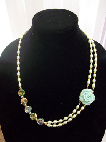 Gold Green Long Pearls Green Crystals Green Rose Pendant Necklace (N1102)