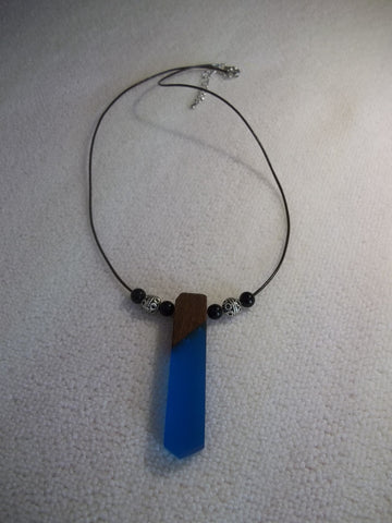 Brown Cord Black silver Beads Blue Wood Pendant Necklace (N1111)