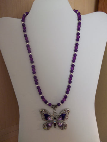 Purple Glass Bead Butterfly Pendant Necklace (N1135)