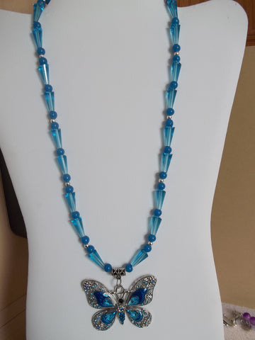Silver Blue Cone Glass Bead Blue Butterfly Pendant Necklace (N1137)