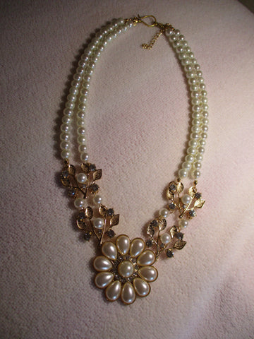 Gold Pearl Flower Bling Necklace (N1161)