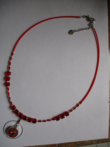 Red Glass Bead Silver Snap Button Pendant Necklace (N1162)