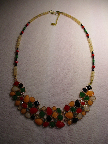 Gold Chain, Peach Black Red Green Glass Beads Bib Necklace (N1185)