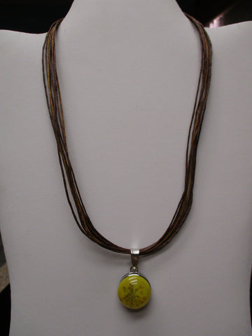 Brown Twine Yellow Dried Flower Snap Button Pendant Necklace (N1193)