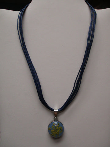 Dark Blue Twine Light Blue Dried Flower Snap Button Pendant Necklace (N1200)