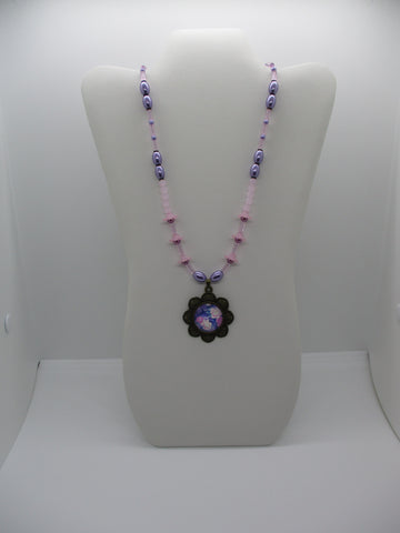 Bronze Pink Purple Flower Glass Beads Flower Pendant Necklace (N1218)