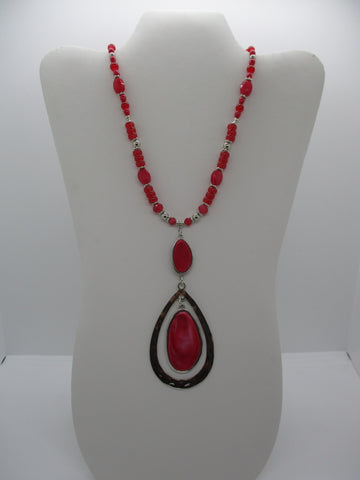 Silver Red Pink Glass Beads Double Tear Drop Pendant Necklace (N1223)