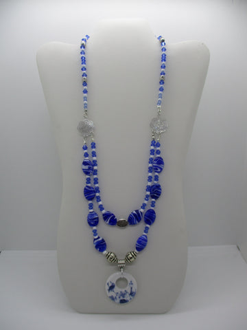 Silver Blue Glass Beads Double Strand Porcelain Bird Necklace (N1226)