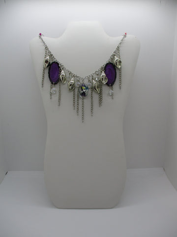 Silver Chain Silver Shells Purple Flat Beads Choker Necklace (N1236)