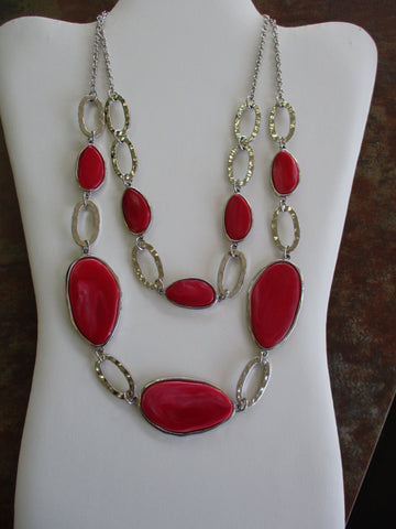 Silver Red Double Row Flat Pendants Necklace (N1245)