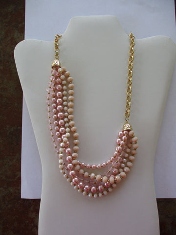 Gold 5 Row Pink Peach Beads Necklace (N1255)