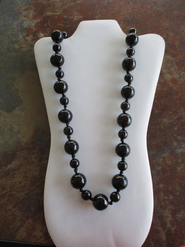 Black Ribbon Large Medium Pottery Black Beads Long Necklace (N1257)