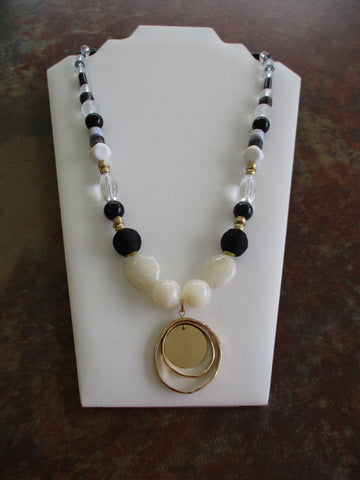 Gold Black White Glass Beads Gold Pendant Long Necklace (N1263)