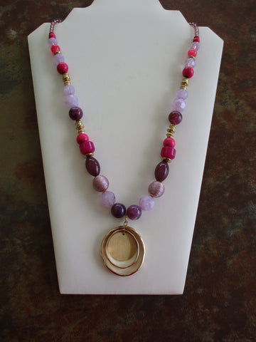 Gold Pink Purple Beads GOld Pendant Long Necklace (N1268)