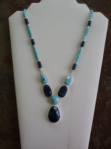Silver Light Blue Dark Blue Glass Beads and Pendants Tie Necklace (1269)
