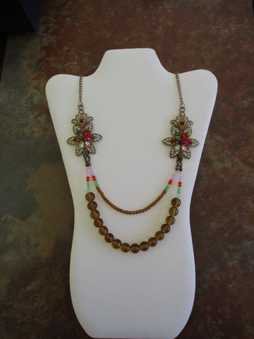 Bronze Double sides Pendants Double Row Brown Red Pink Green Glass Beads Necklace (N1296)