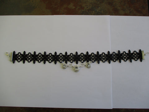 Black Lace Silver Diamond Pendants Choker Necklace (N1307)