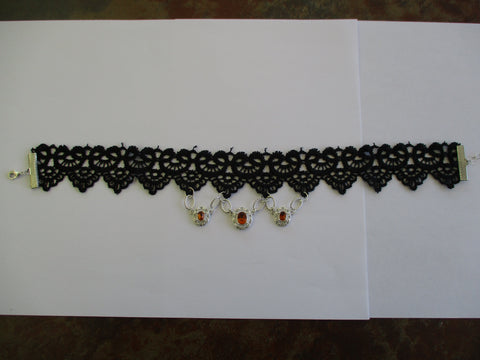 Black Lace Silver Orange Pendant Choker Necklace (N1308)