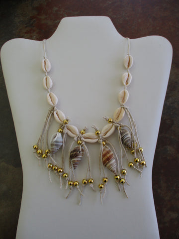 Cord tied Shells Gold Beads Necklace (N1313)