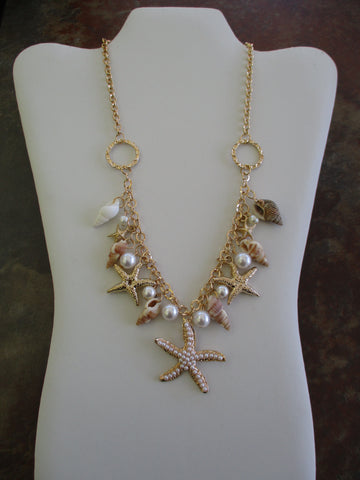 Gold, Shells, Pearls, Starfish Pendant Necklace (N1316)