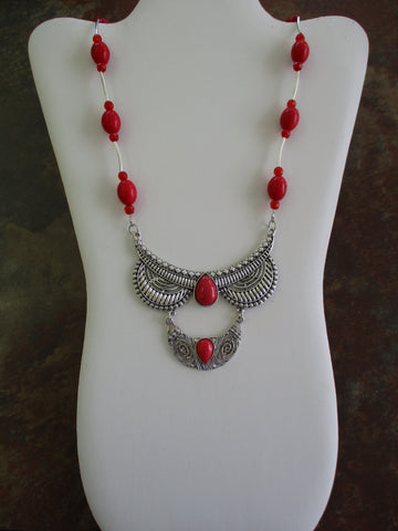 Silver Red Glass Beads Double Stacked Pendant Necklace (N1318)