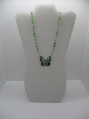 Silver Chain Silver Beads Green Glass Beads Double Butterfly Pendant Necklace (N1329)