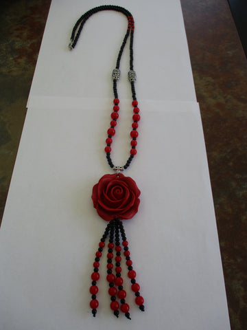 Black Red Glass Beads Big Red ROse Flower Pendant Long Necklace (N1347)