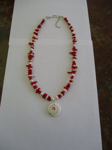 Silver White Red Coral Pink Pearls Shell Pendat Necklace (N1348)