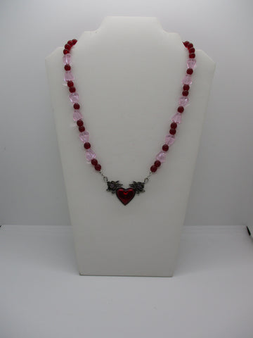 Red Pink Glass Beads Silver Red Pink Heart Pendant Necklace (N1359)