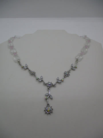 Silver Clear Pink Glass Beads Silver Flowers Neck Tie Necklace (N1363)