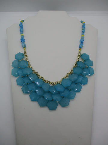 Blue Glass Beads Gold Beads Blue Acrylic Faceted Hexagon Beads Bib Necklace (N1370)