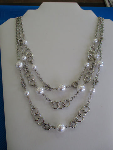 3 Rows Silver Chain Pearls Necklace (N1373)