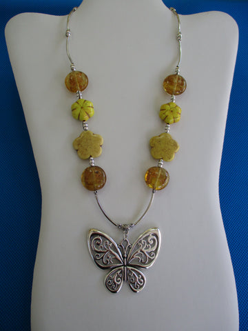 Yellow Glass Beads SilverBeads and Tubes Silver Butterfly Pendant Necklace (N1378)