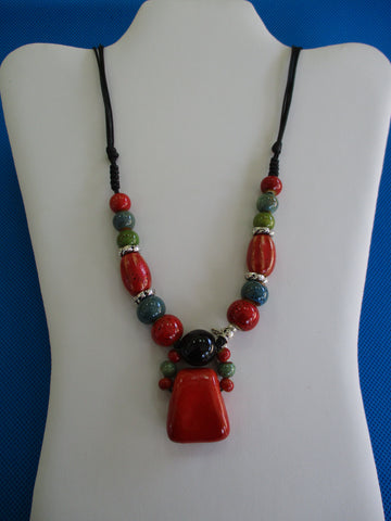 Multi Color Clay Beads Silver Beads Black Adjustable Twine Necklace (N1380)