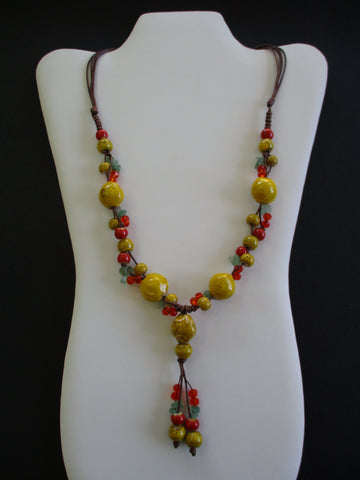 Red Yellow Clay Beads Green Rock Chips Brown Adjustable Twine Necklace