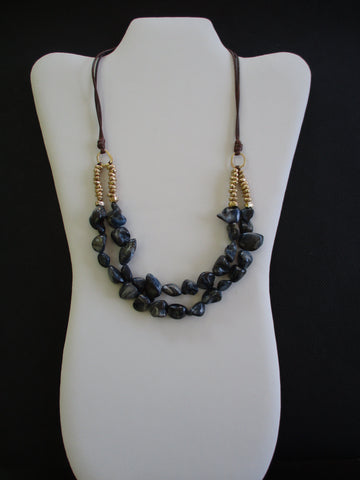 Double Row Dark Blue Rocks Gold Beads Brown Twine Necklace (N1384)