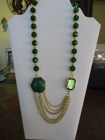 Green Gold Glass Beads 5 Gold Chain Necklace (N1388)