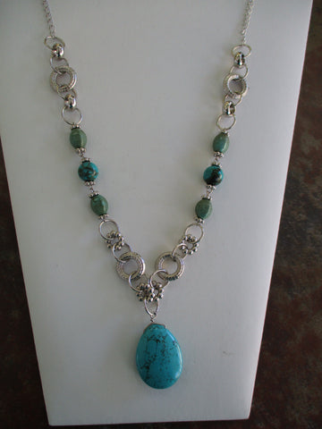 Silver Chain Silver Turquoise Beads Pendant Necklace (N1389)