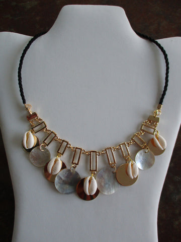 Black Cord Gold Circles Shells Necklace (N1401)