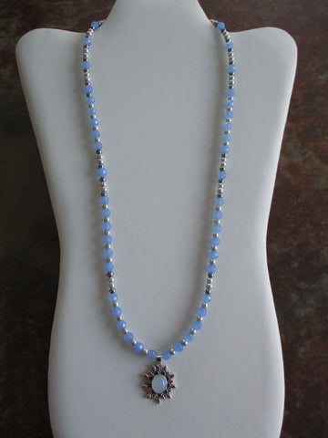 Blue Glass Beads Light and Dark Gray Pearls Pendant Necklace (N1405)