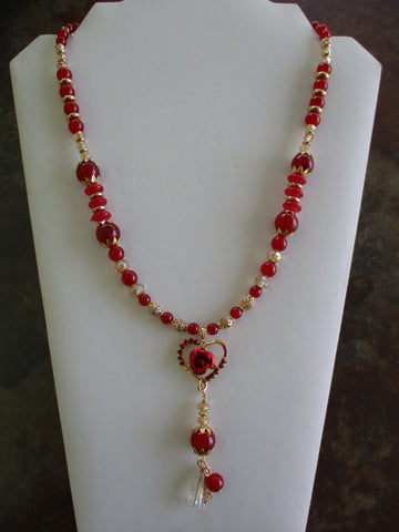 Red Glass Beads Gold Beads Gold Heart Rose Pendant Necklace (N1417)