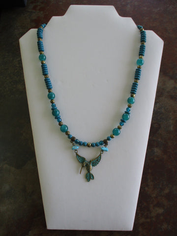 Aqua Green Glass Beads Bronze Beads Humming Bird Pendant Necklace (N1420)