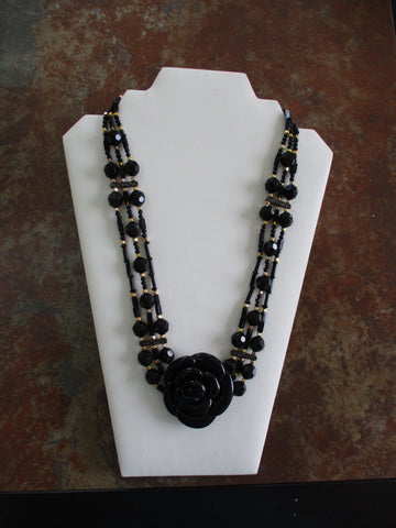 Three Rows Black Gold Beads Black Acrylic Rose Necklace (N1431)