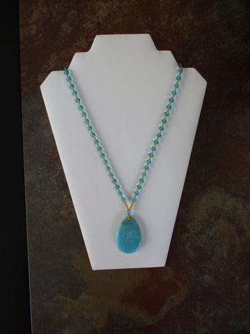 Blue Yellow Glass Beads Blue Tear Drop Cord Necklace (N1451)