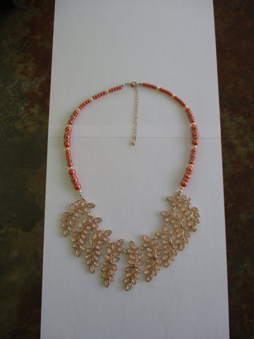 Peach Pearls Pink Rondelle Spacer Beads Pink Gold Leaf Pendants Necklace (N1462)