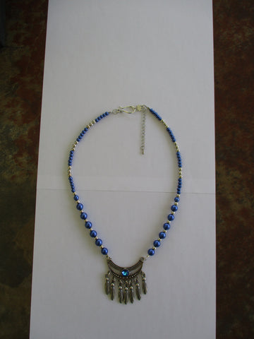Blue Pearls Silver Spacer Beads Silver Blue Pendant Necklace (N1465)
