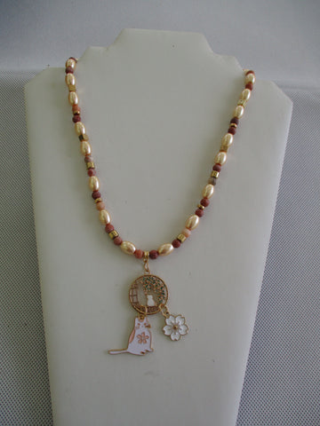Brown Gold Beads Glass Oblong Pearls Cat Pendant Necklace (N1476)