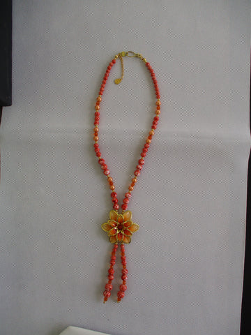 Orange Glass Beads Acrylic Orange Gold Flower Pendant Necklace (N1478)