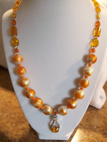 Orange Glass Mixed beads w/Silver Bottle w/Orange Heart inside Necklace (N290)